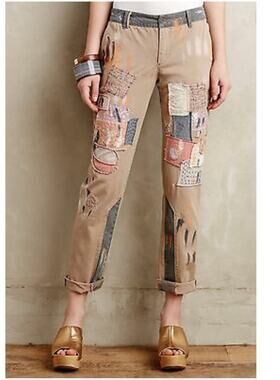 Anthropologie Pilcro Hyphen Boho Patched Chino Khaki Pant Women's 26 Tan